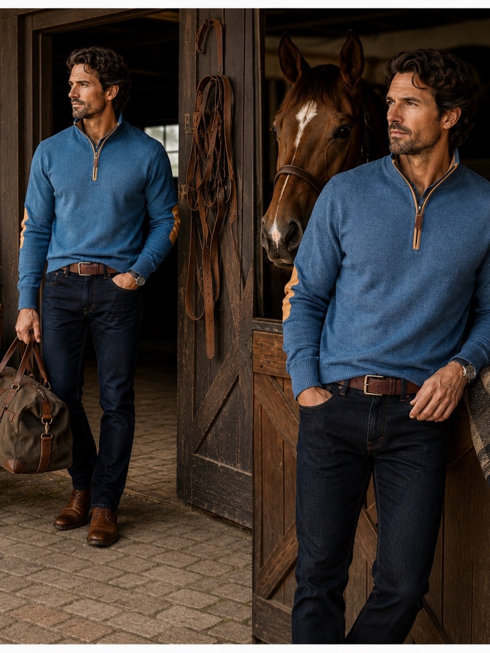 Orvis Men’s Blue Quarter Zip Sweater Leather Elbow Patches Size M